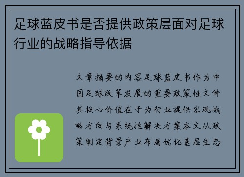 足球蓝皮书是否提供政策层面对足球行业的战略指导依据