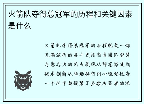 火箭队夺得总冠军的历程和关键因素是什么